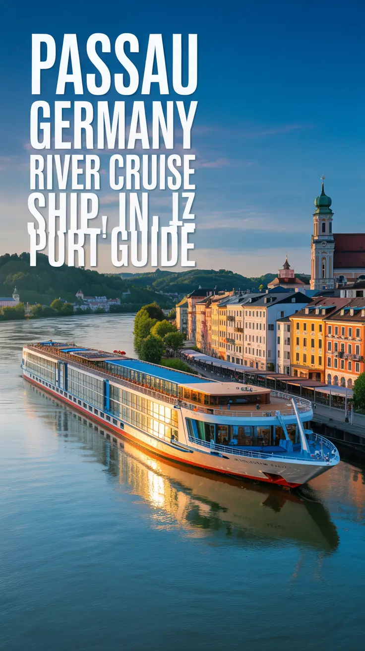 A travel photography style image showcasing a vibrant River Cruise Ship docked in the port of Passau, Germany. The ship is a large, luxurious vessel with multiple decks and balconies, bathed in the warm glow of the late afternoon sun, reflecting off the tranquil Danube River. The picturesque town of Passau is visible in the background, with its colorful buildings, historic churches, and a scenic view of the confluence of the Danube, Inn, and Ilz rivers, all under a clear blue sky.