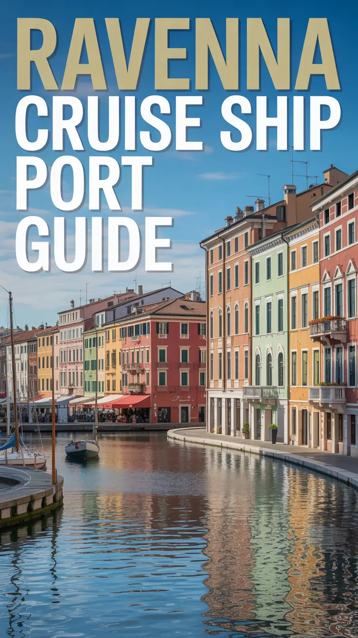 A travel guide cover illustration showcasing "Ravenna Cruise Ship Port Guide" in large, bold, left-aligned text. The image depicts a picturesque view of the Ravenna port, with colorful historic buildings lining the waterfront and a calm, shimmering canal reflecting the sky. Sunlight bathes the scene in a warm glow, highlighting the architectural details of the buildings and creating a sense of tranquility and welcoming atmosphere. A few sailboats are gently gliding on the water, adding a touch of maritime charm to the inviting scene.