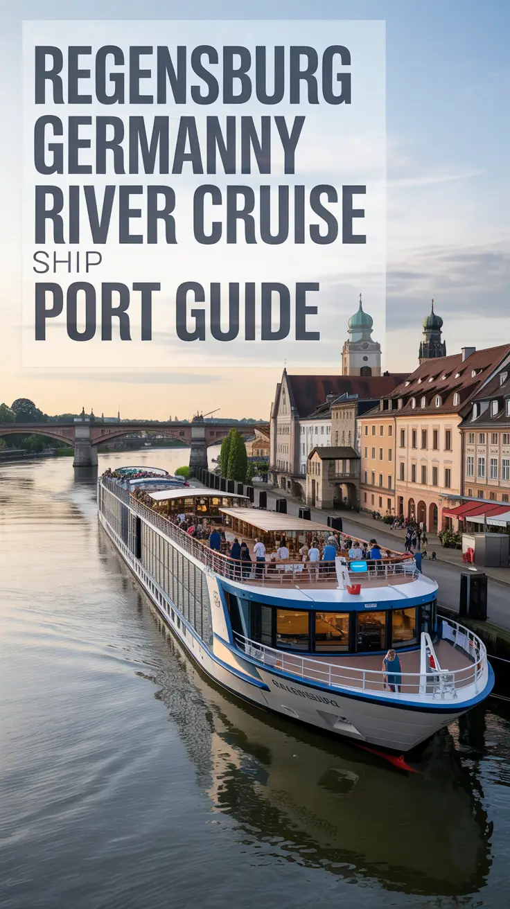 A travel photography style image depicting a modern river cruise ship docked at the port of Regensburg, Germany. The ship is brightly lit, showcasing its sleek design and multiple decks, with passengers disembarking and exploring the charming historic city behind it. The background features the picturesque stone buildings and bridges of Regensburg, reflecting in the calm waters of the Danube River, under a soft overcast sky. A large, clear text overlay aligned to the left prominently reads "Regensburg Germany River Cruise Ship Port Guide".