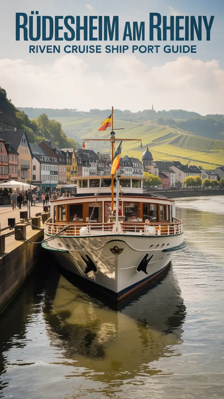 A vintage travel poster depicting "Rüdesheim am Rhein Germany River Cruise Ship Port Guide" with a classic white river cruise ship docked at a scenic port under warm afternoon sunlight; colorful half-timbered buildings line the riverbank with lush green vineyards and rolling hills in the background, creating a nostalgic and inviting view of the Rhine River landscape.