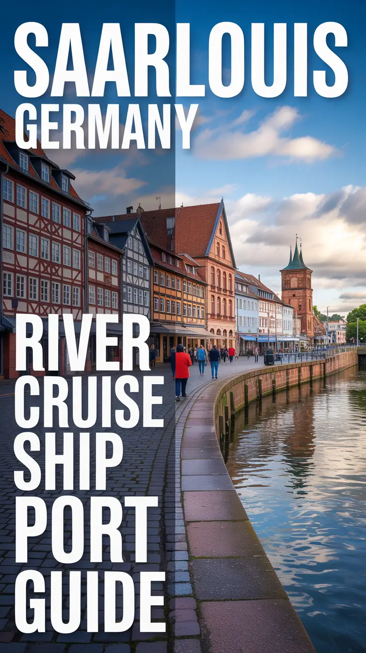 A vibrant travel guide illustration depicting the port of Saarlouis, Germany, featuring cobblestone streets, charming half-timbered buildings, and the Saar River reflecting the soft afternoon light, with pedestrians strolling along the waterfront.