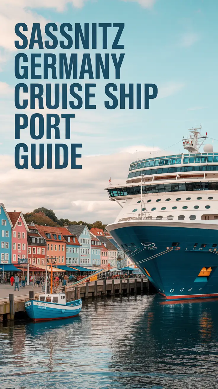 A travel-style poster of the vibrant Sassnitz, Germany cruise port featuring a large cruise ship docked at a busy harbor, colorful buildings and shops in the background, small fishing boats in the foreground, and bold sans-serif text reading "Sassnitz Germany Cruise Ship Port Guide" aligned to the left, all illuminated by soft, diffused daylight.
