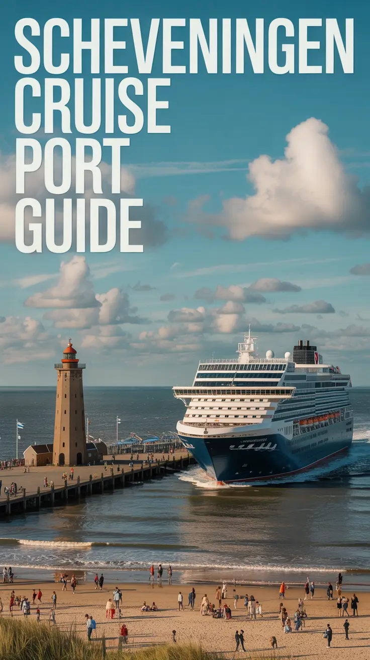 A vibrant travel poster showcasing "Scheveningen Cruise Port Guide" in large, bold text aligned to the left. The foreground features a modern cruise ship gracefully entering the harbor, framed by the iconic Scheveningen lighthouse and a sandy beach bustling with people enjoying a sunny day. The background transitions into a panoramic view of the North Sea with a clear blue sky dotted with fluffy white clouds, creating a sense of spaciousness and inviting adventure. Warm, natural lighting enhances the lively atmosphere and highlights the beauty of this coastal destination.