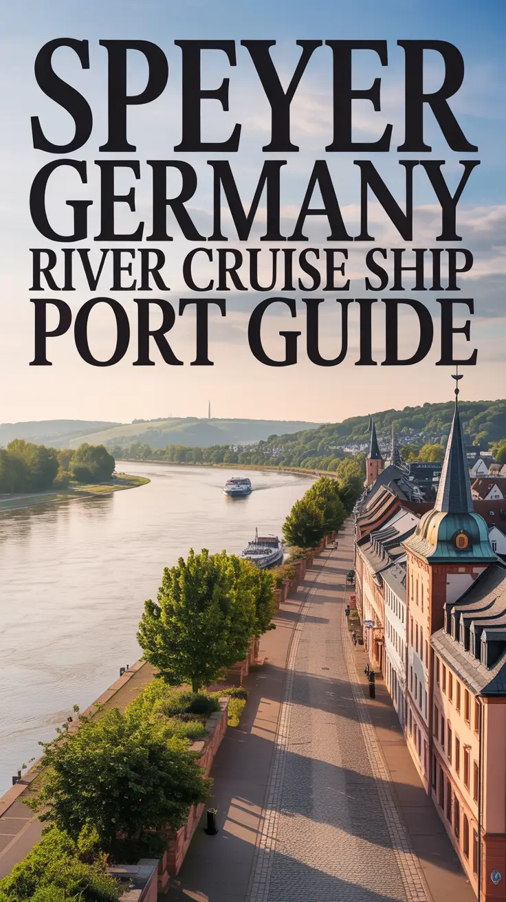 A scenic travel poster of the historic port of Speyer, Germany, showcasing cobblestone streets lined with traditional German architecture along the Rhine River, framed by rolling hills and lush greenery under soft, warm sunlight; large serif text reads "Speyer Germany River Cruise Ship Port Guide" on the left side.