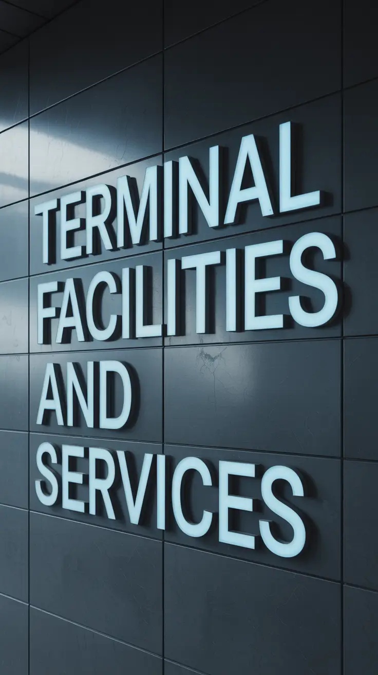 A futuristic digital signage with glowing neon blue text reading "Terminal Facilities and Services" on a dark concrete wall, evoking a modern, industrial transportation hub.