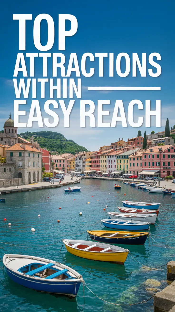 A vibrant, realistic coastal town with colorful boats in a turquoise harbor, terracotta-roofed stone buildings, and lush green hills under a sunny sky.