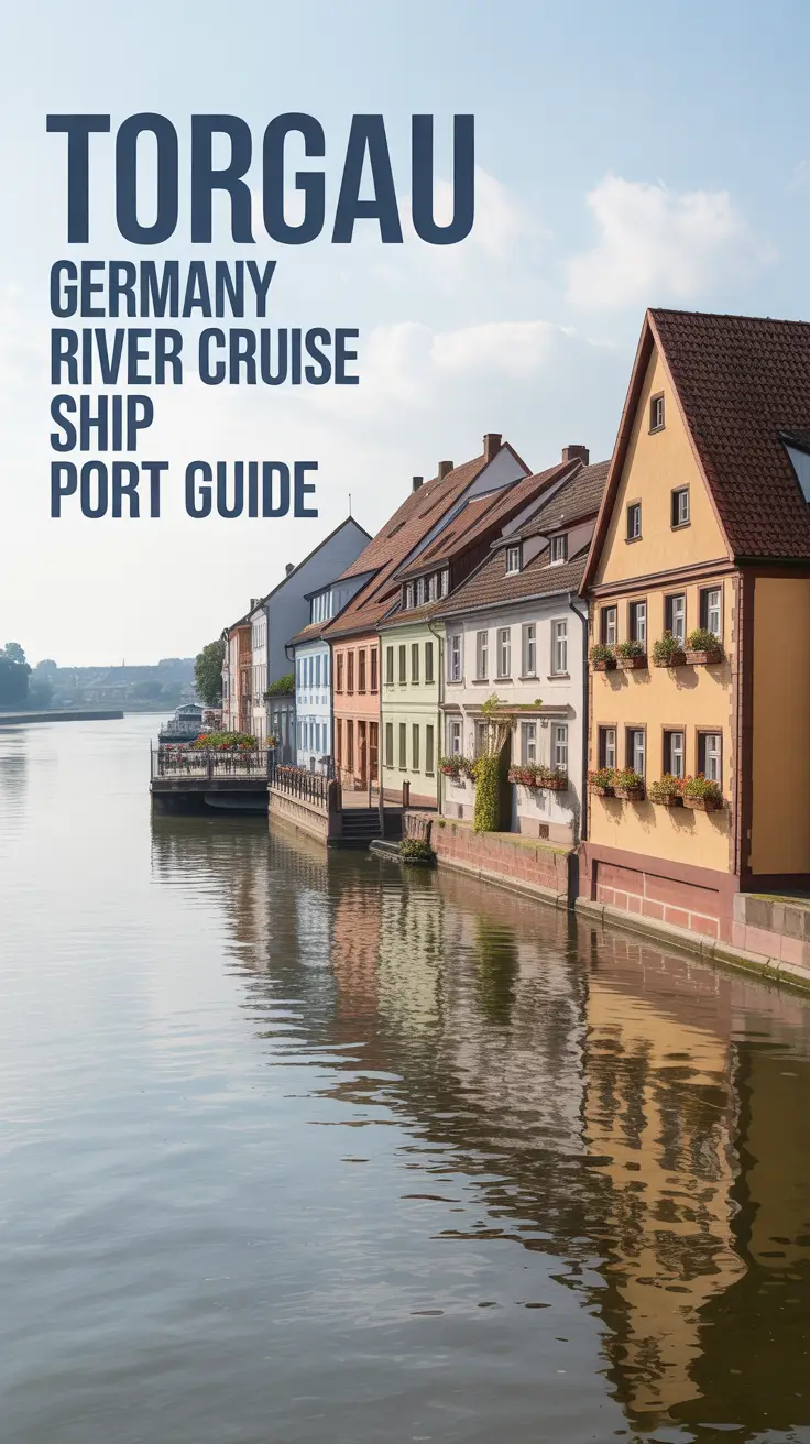 A travel guide cover illustration depicting the historic port of Torgau, Germany, featuring the calm, reflective waters of the Elbe River lined with charming, half-timbered buildings adorned with flower boxes, bathed in soft, diffused sunlight that highlights the architectural details of the old town.