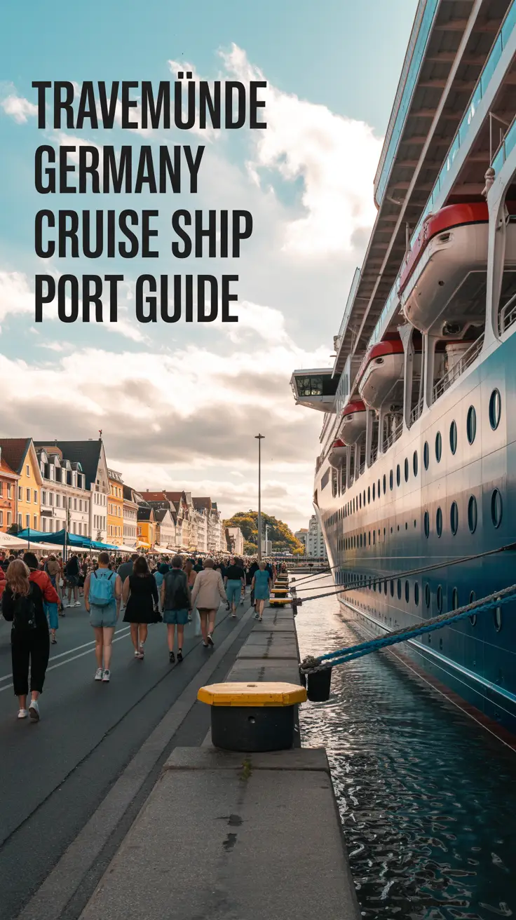 A travel photography style image of the bustling Travemünde, Germany cruise ship port featuring a large white cruise ship docked at the pier under a bright, slightly overcast sky; passengers are seen disembarking and walking along the pier, with colorful European-style waterfront buildings in the background and soft, diffused sunlight enhancing the warm, vibrant atmosphere.