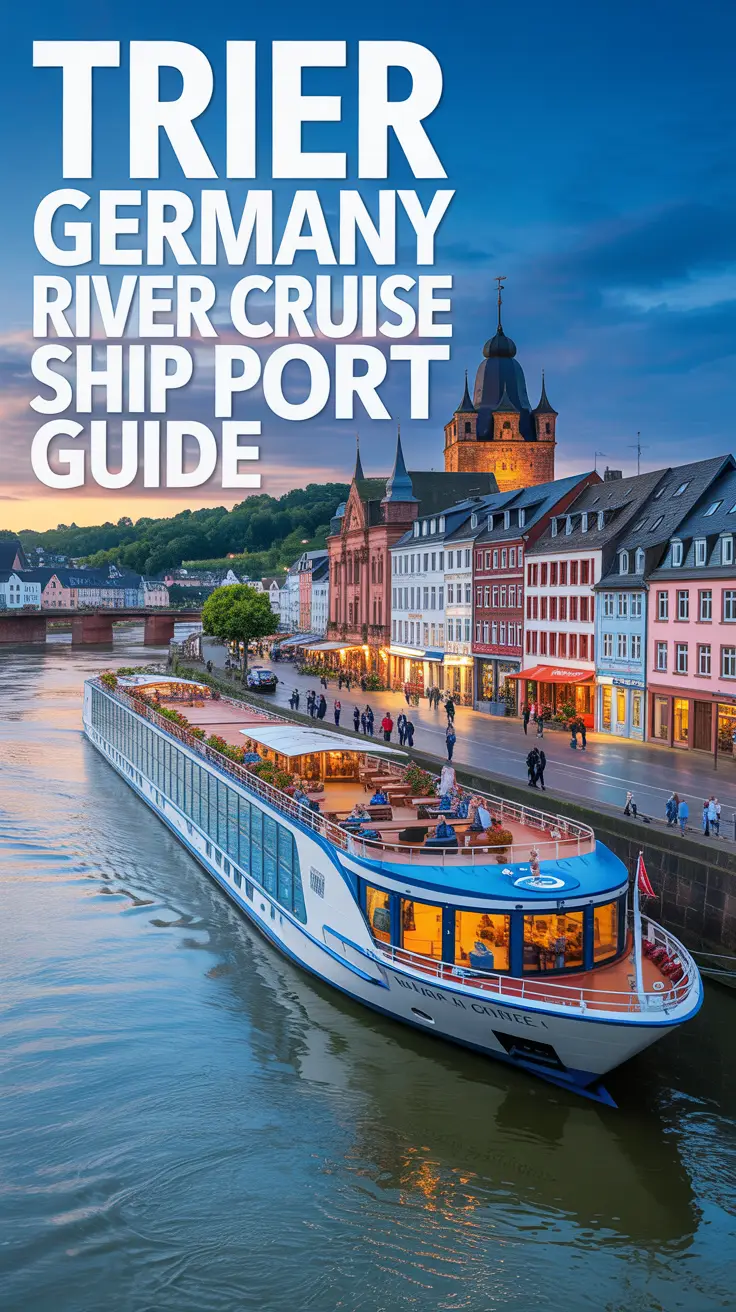 A travel guide cover photograph of a luxurious river cruise ship docked at a vibrant port in Trier, Germany, with the brightly lit ship reflecting in the Moselle River, colorful buildings lining the waterfront, passengers disembarking onto cobblestone streets, and historic architecture glowing in the warm late afternoon sunlight.