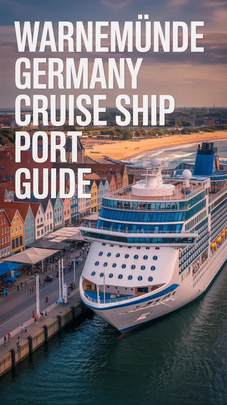 A travel photography style image depicting the Warnemünde, Germany cruise ship port. Prominently aligned to the left is the large text overlay “Warnemünde Germany Cruise Ship Port Guide”. A modern cruise ship is docked at the pier, with colorful buildings and a sandy beach visible in the background. The scene is bathed in warm, diffused sunlight, capturing the lively atmosphere of a bustling port town.