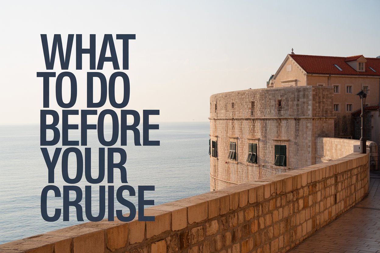 A photograph of the historic stone walls of Dubrovnik's Old Town, with a clear view of the Adriatic Sea in the background. Overlaid on the left side of the image, in a bold, modern sans-serif font, is the text "What To Do Before Your Cruise" in all capital letters. The ancient stone walls have a warm, golden hue from the late afternoon sun, and are slightly textured showing subtle signs of age. The scene is bathed in soft, natural light, creating a serene and inviting atmosphere.