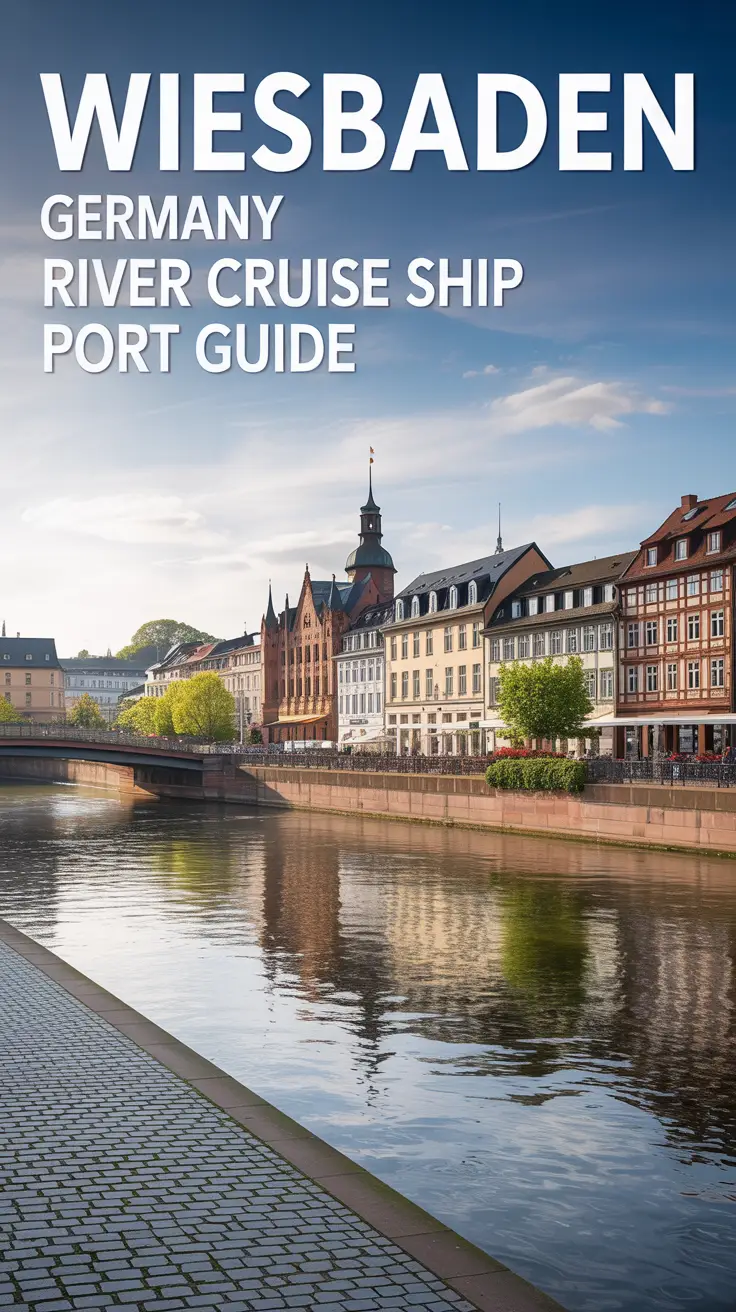A travel guide cover illustration depicting "Wiesbaden Germany River Cruise Ship Port Guide" aligned to the left, featuring a charming historic Wiesbaden cityscape viewed from across the Rhine River with half-timbered buildings and elegant architecture, softly illuminated by diffused sunlight that casts warm reflections on the water and a cobblestone embankment in the foreground, evoking tranquil beauty and European sophistication.