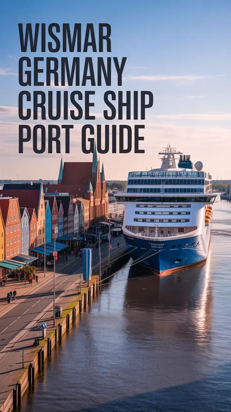 A travel guide cover photo depicting the bustling Wismar Germany Cruise Ship Port. The image showcases a large, modern cruise ship docked at a vibrant port, with colorful buildings and historic architecture lining the waterfront. "Wismar Germany Cruise Ship Port Guide" is displayed in large, bold text aligned to the left, slightly overlapping the harbor scene. The scene is bathed in warm, natural light, highlighting the port's lively atmosphere and picturesque setting.