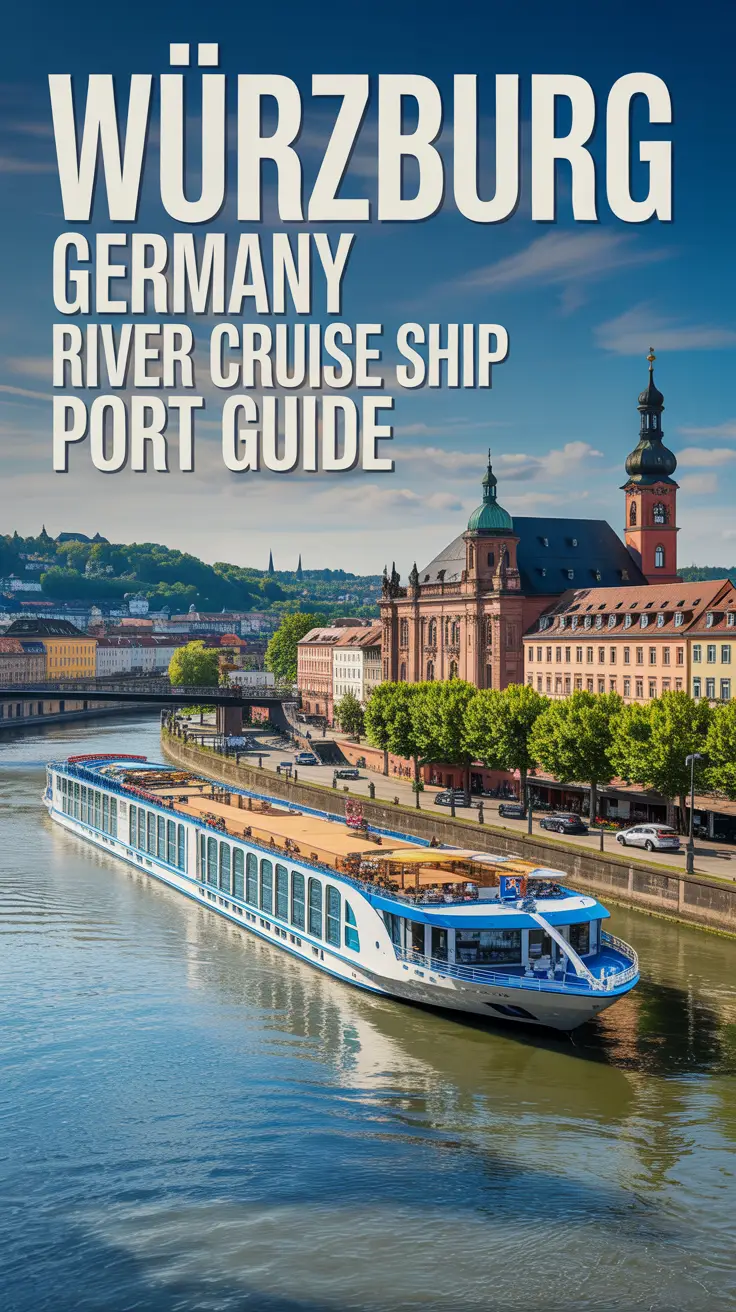 A vibrant travel poster showcasing a panoramic view of Würzburg, Germany, with a majestic river cruise ship docked in the port, warm sunlight highlighting the historic waterfront architecture, lush green trees lining the riverbank, and tranquil waters reflecting the city’s charm—inviting exploration of this picturesque destination.