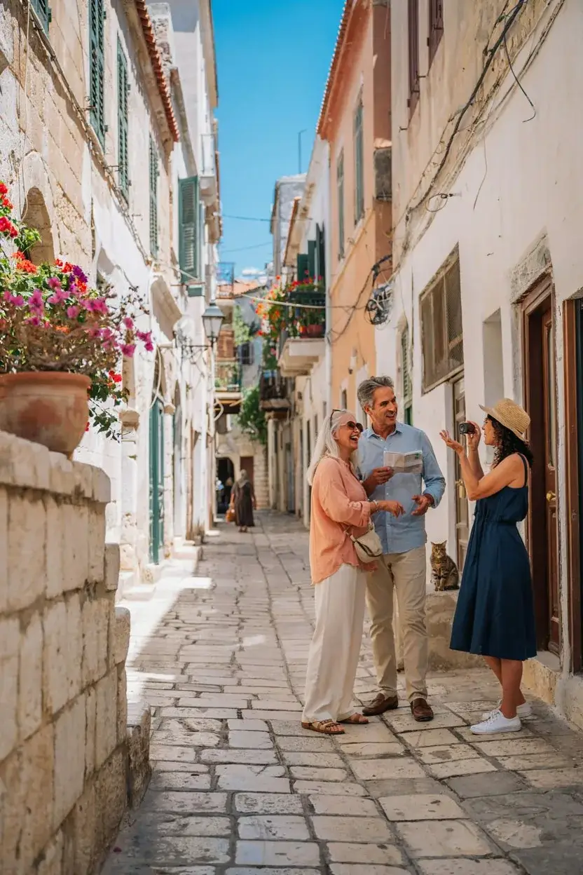 Three travellers in their sixties talking on a narrow cobbled street lined with flowers in a Greek island town.