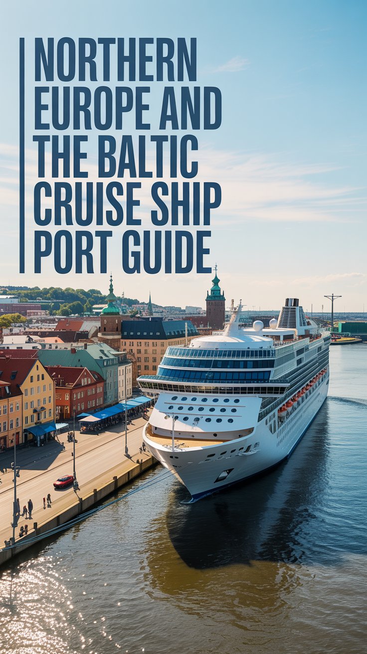 A travel photography style image showcasing a bustling cruise ship port in Northern Europe, featuring a modern cruise ship docked at a pier with a colorful cityscape and historic Baltic architecture in the background, illuminated by gentle sunlight reflecting off the water.