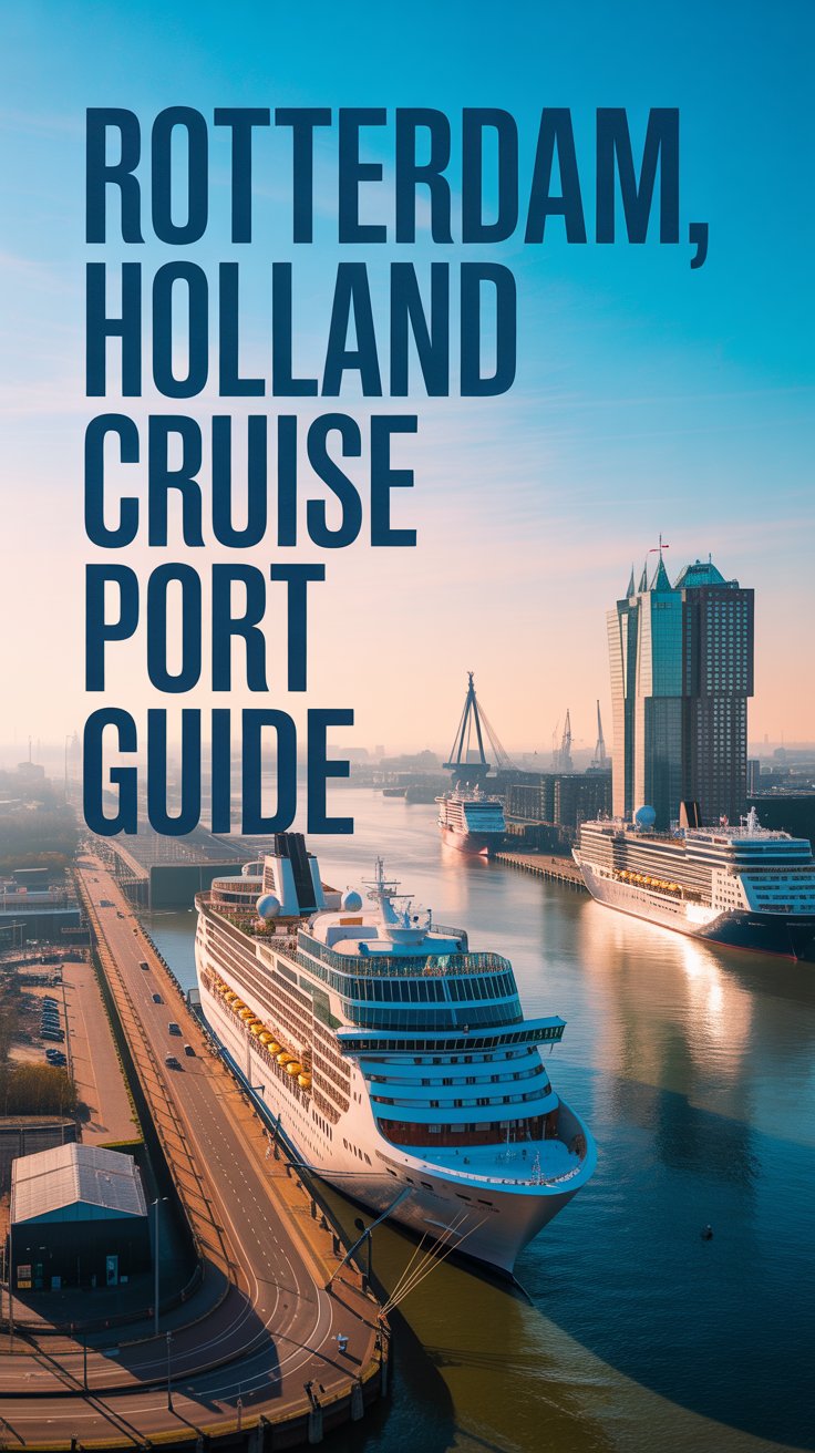 A vibrant travel poster showcasing the Rotterdam, Holland Cruise Port, featuring a wide-angle view of modern cruise ships docked at a bustling harbor with distinctive Rotterdam architecture in the background, bathed in warm late afternoon sunlight and overlaid with bold left-aligned text reading "Rotterdam, Holland Cruise Port Guide" against a soft blue mist.