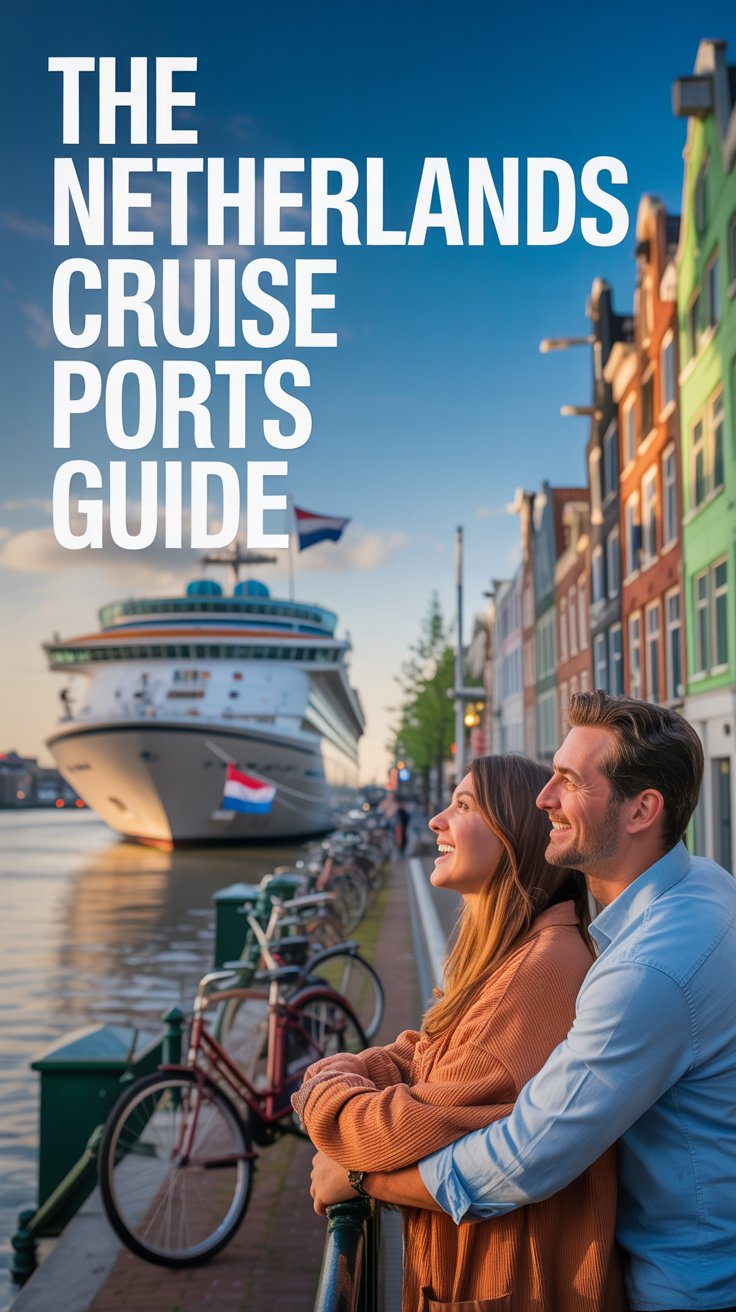 A stunning lifestyle advertisement for "The Netherlands Cruise Ports Guide" showcasing a vibrant harbor scene in Amsterdam, featuring a modern cruise ship docked alongside colorful canal-side buildings bathed in the warm glow of a late afternoon sun. The foreground highlights a couple gazing out at the ship, their expressions conveying excitement and anticipation, with the blurred cityscape of windmills and bicycles in the background hinting at quintessential Dutch charm. Overlaid on the left side, in a clean, modern sans-serif font, is the prominent text: "The Netherlands Cruise Ports Guide," while the overall composition utilizes a warm color palette of oranges, blues, and greens to evoke a feeling of adventure and relaxed exploration, establishing a premium travel guide aesthetic. Subtle branding elements are incorporated through the ship's flag and signage, reinforcing the guide's authoritative position in facilitating unforgettable cruise experiences.