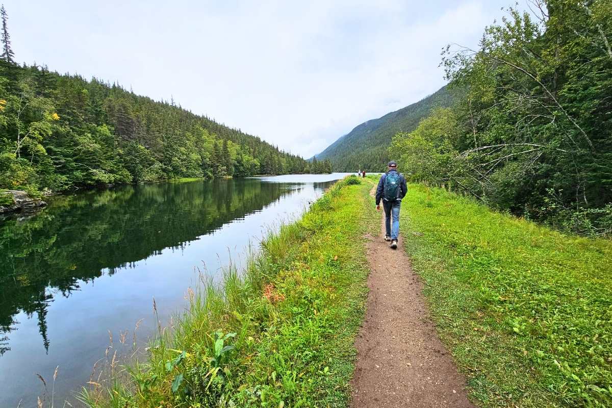 Walking near the lake on the Dewey train in Skagway