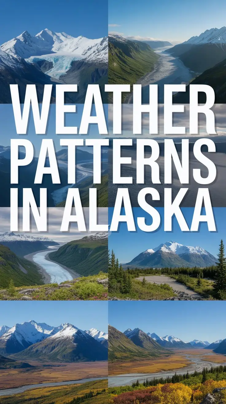 A photographic collage showcasing various Alaskan landscapes under bright, sunny conditions with clear blue skies. The collage features multiple overlapping images including snow-capped mountain ranges, pristine glacial valleys, dense evergreen forests, and vast tundra plains, all bathed in brilliant sunlight. Each photograph captures the dramatic contrasts of Alaska's terrain, from icy peaks gleaming white against azure skies to golden autumn foliage in the lower elevations. Bold, left-aligned text reading "Weather Patterns in Alaska" overlays the composition in a clean, modern sans-serif font, positioned prominently across the upper portion of the collage.