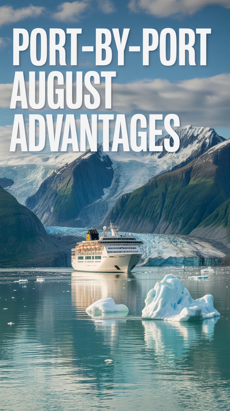 A scenic photograph of an Alaskan cruise ship navigating through pristine glacial waters in late August. The white vessel cuts through calm turquoise waters while massive snow-capped mountains and ancient glaciers create a dramatic backdrop under partly cloudy skies. Icebergs float peacefully in the foreground, reflecting the soft golden light of the late summer sun. Bold white text aligned to the left reads "Port-by-Port August Advantages" overlaying the scenic maritime landscape.