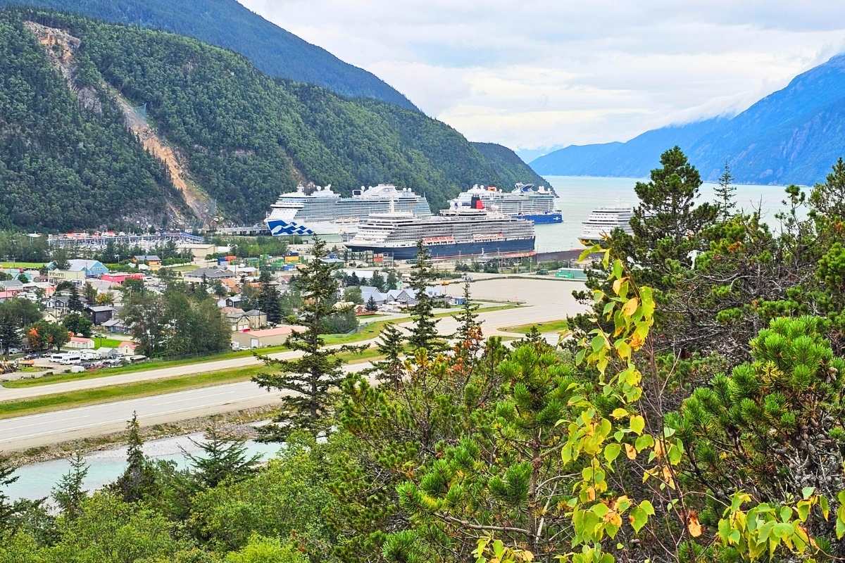 Views looking over Skagway with cruise ships docked in the background