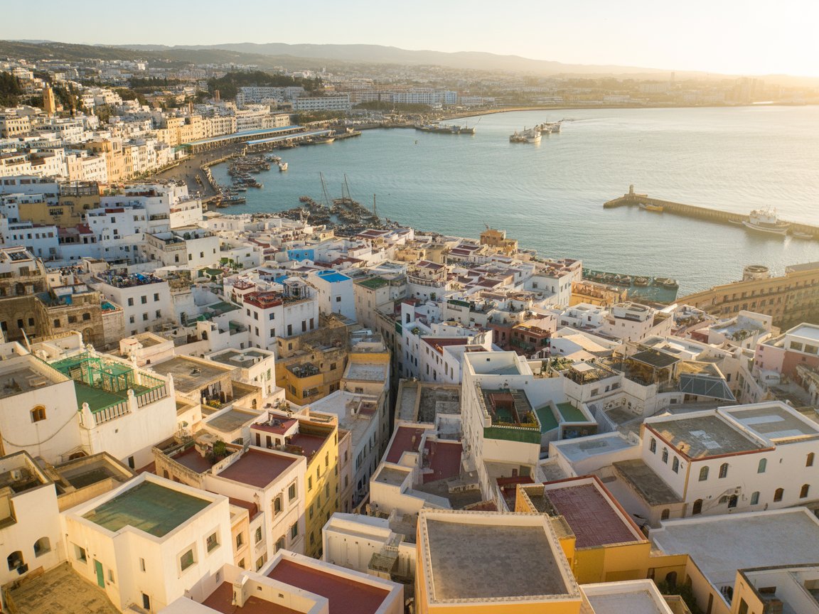 Aerial photo taken of Tangier port and city in Morocco