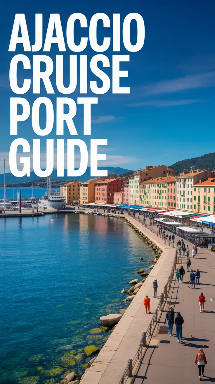 A stunning photograph depicting the vibrant Ajaccio Cruise Port on a bright, sunny day. The image features a picturesque harbor with colorful buildings along the waterfront, a calm turquoise sea reflecting the clear blue sky, and a lively promenade with people strolling. Text reading "Ajaccio Cruise Port Guide" is prominently displayed on the left side, capturing the charm and warmth of a Mediterranean coastal town.