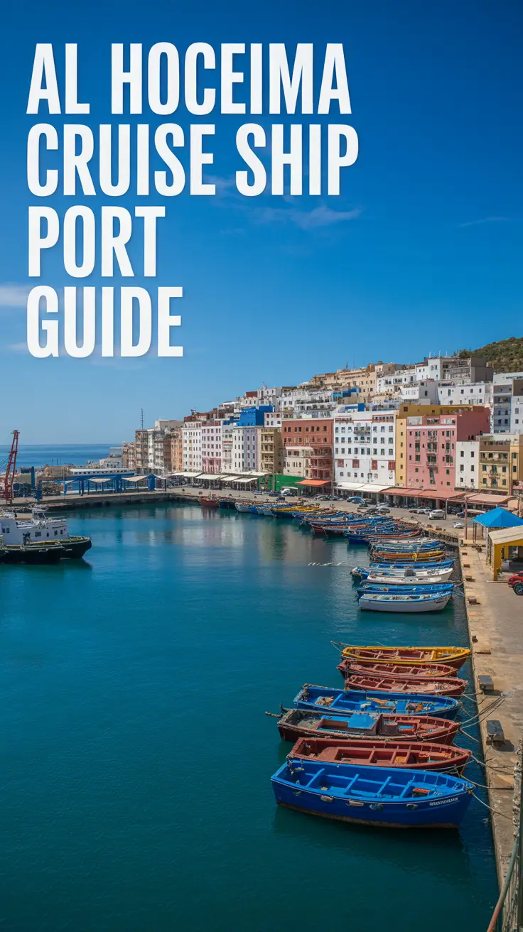A stunning, sun-drenched photograph of Al Hoceima Cruise Ship Port, Morocco, featuring a vibrant harbor with colorful buildings and docked fishing boats against the wide expanse of the Mediterranean Sea, under a clear blue sky with bright sunlight enhancing the lively atmosphere and architectural details.
