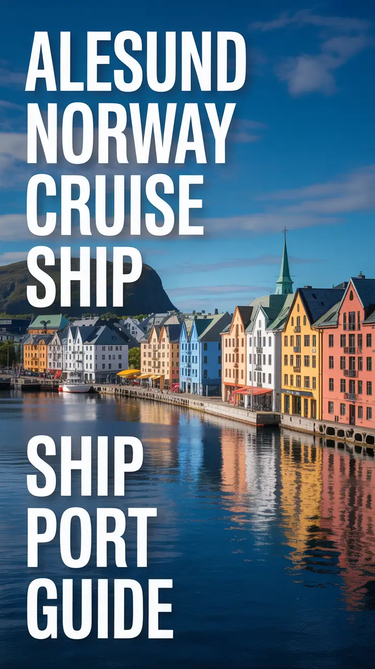 A stunning photograph of the picturesque port of Ålesund, Norway, bathed in bright sunlight. The vibrant scene showcases colorful historic buildings lining the waterfront, with a clear blue sky overhead and calm waters reflecting the architecture. A panoramic view emphasizes the town’s unique Art Nouveau style, with the distinctive spires and gables creating a visually captivating composition.