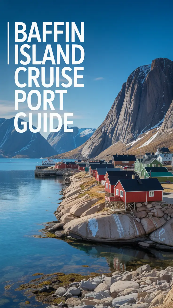 A stunning, sun-drenched photograph showcasing a picturesque harbor on Baffin Island. The focus is on the rugged coastline with colorful traditional Inuit houses clustered along the shore, all bathed in bright sunlight. A clear blue sky stretches above, reflecting in the calm waters of the harbor, with distant snow-capped mountains forming a scenic backdrop. Overlayed on the left side of the image is the text "Baffin Island Cruise Port Guide" in a clear, modern font.