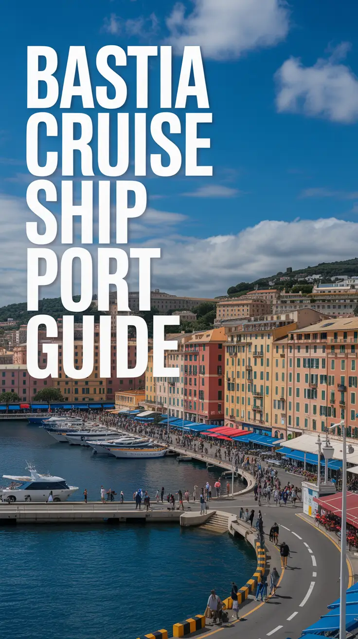 A stunning, sun-drenched photograph of the bustling Bastia Cruise Ship Port featuring a vibrant harbor view with colorful buildings, a lively waterfront promenade filled with pedestrians, and a clear blue sky with scattered clouds highlighting the architectural details and activity along the water’s edge.