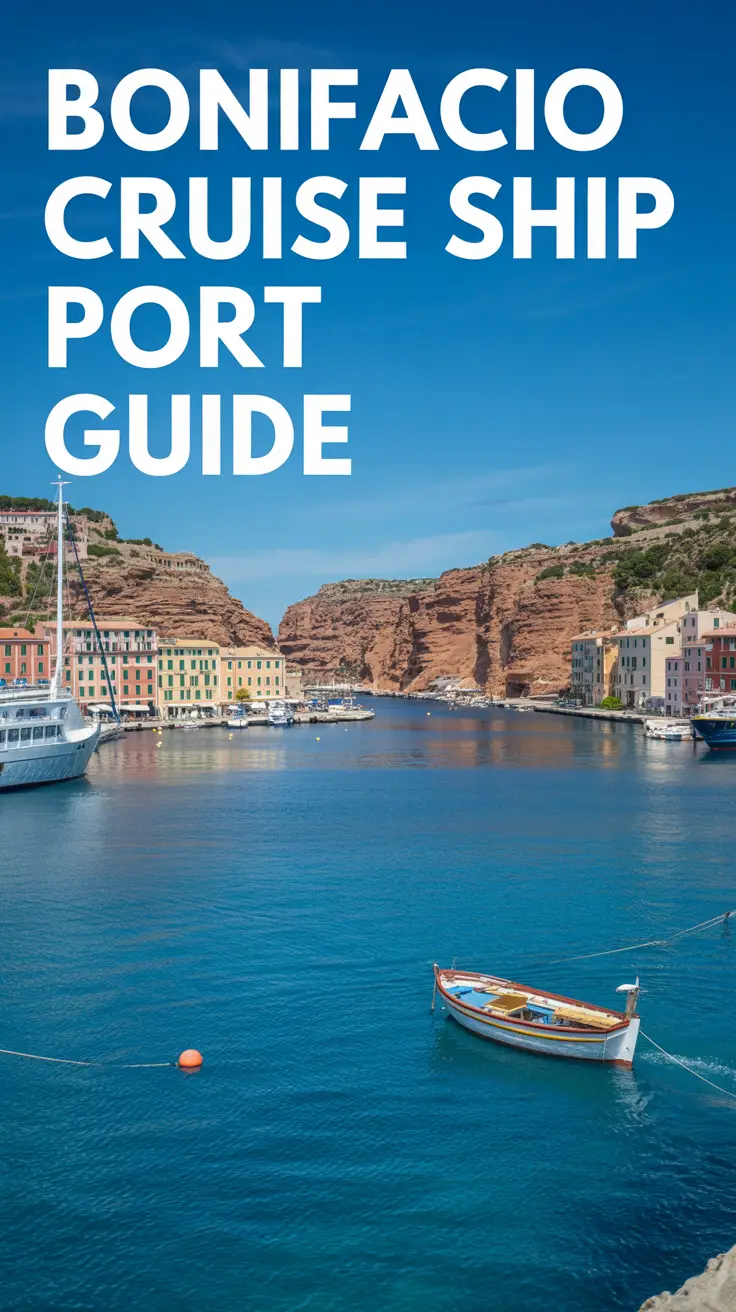 A stunning photograph of Bonifacio Cruise Ship Port, showcasing the picturesque harbor on a bright, sunny day with turquoise water reflecting the clear blue sky, framed by rugged, terracotta-colored cliffs and Mediterranean villas, with a small fishing boat gently bobbing in the foreground and large left-aligned text overlay reading "Bonifacio Cruise Ship Port Guide".