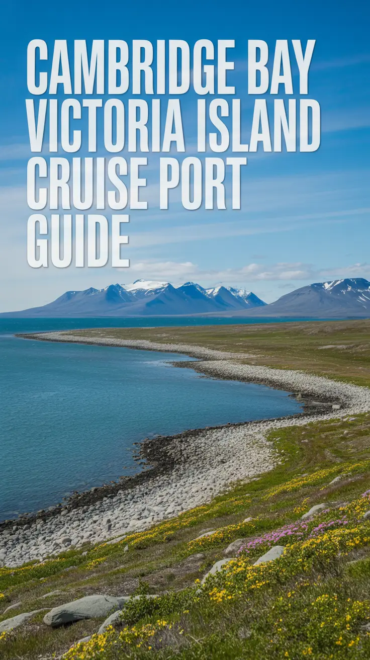 A stunning, wide-angle photograph capturing the coastal landscape of Cambridge Bay on Victoria Island. The scene showcases a rocky shoreline meeting turquoise waters under a bright, sunny sky, with distant snow-capped mountains in the background and scattered wildflowers adding color to the rugged Arctic terrain.