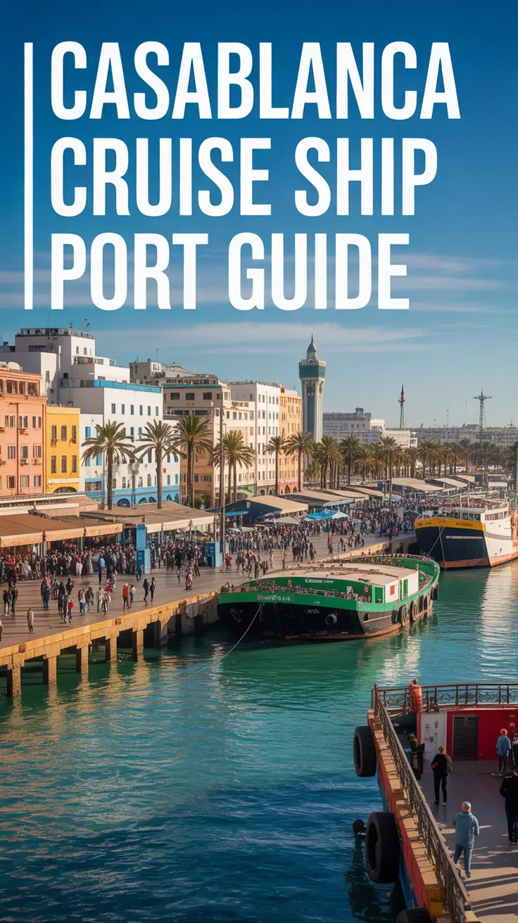 A stunning, sun-drenched photograph of a bustling port in Casablanca, Morocco, featuring vibrant activity. A large, left-aligned text overlay reads “Casablanca Cruise Ship Port Guide”. The port scene is filled with colorful buildings, bustling crowds, and a clear blue sky, with palm trees lining the waterfront and reflecting the sunlight. The scene is filled with a lively and energetic atmosphere, emphasizing the unique charm of the Moroccan port.