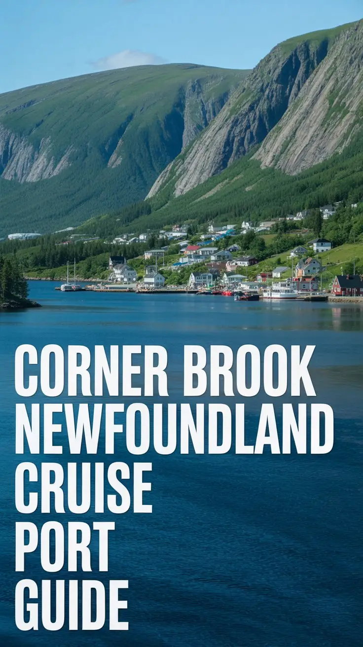 A scenic photograph of Corner Brook's stunning harbor and mountainous landscape in Newfoundland, Canada. The image captures the dramatic fjord-like setting with steep, forested hills rising directly from the pristine blue waters of the Humber Arm. Colorful houses and buildings dot the shoreline in the distance, nestled between the water's edge and the rolling green mountains. Bold white text reading "Corner Brook Newfoundland Cruise Port Guide" is prominently positioned on the left side of the image, creating a clean travel guide aesthetic against the natural maritime beauty.