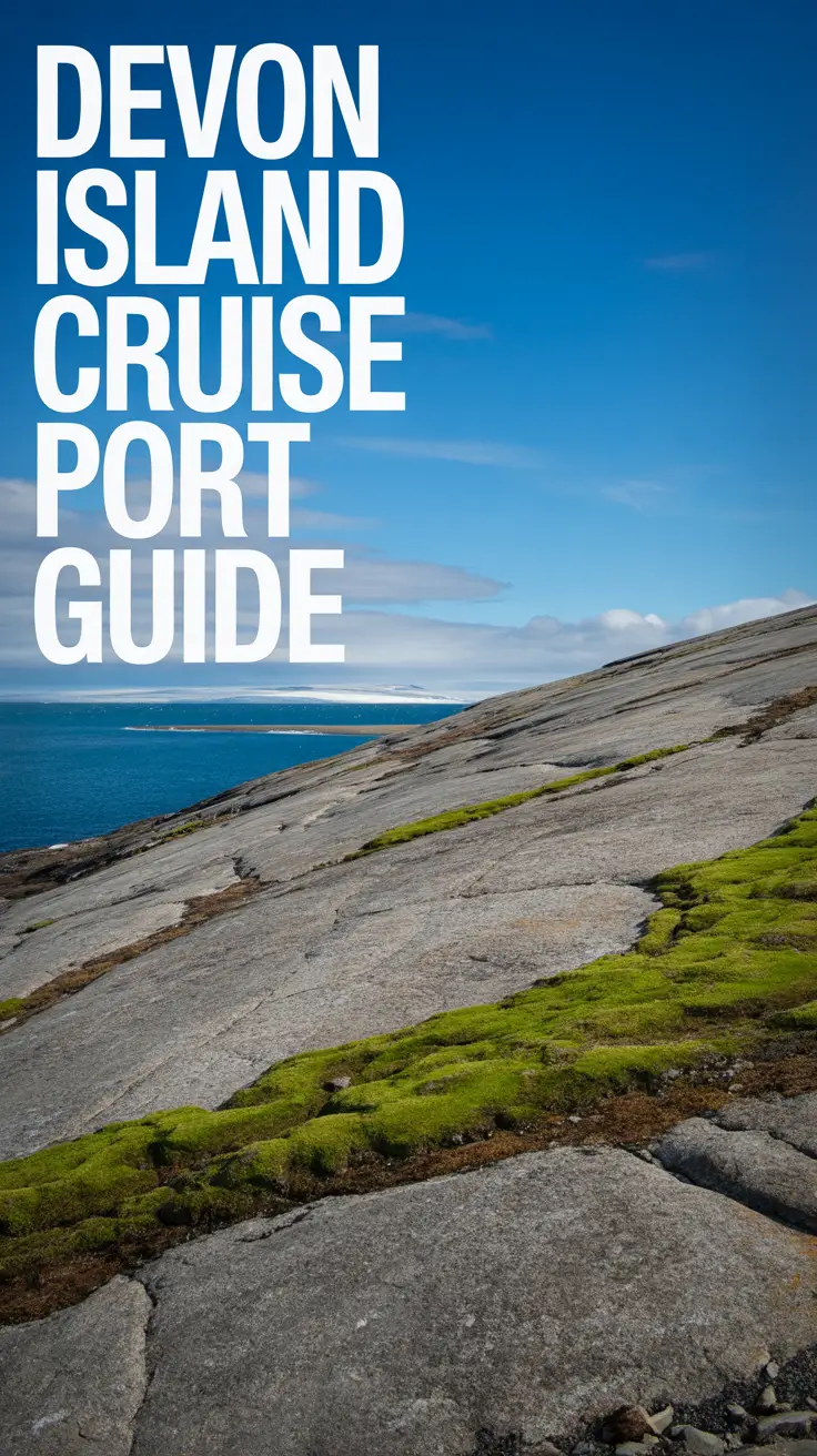 A stunning, brightly lit photograph capturing the stark beauty of Devon Island's rocky shoreline. The primary focus is a wide expanse of gray, weathered rocks, gently sloping down to a turquoise Arctic sea, with patches of vibrant green moss clinging to the stone. Overhead, a clear blue sky with a few scattered clouds creates a sense of openness and serenity, with the large left-aligned text overlay "Devon Island Cruise Port Guide" subtly integrated into the upper left corner. The scene is bathed in the bright light of a sunny day, emphasizing the rugged terrain and the vastness of the Arctic landscape.
