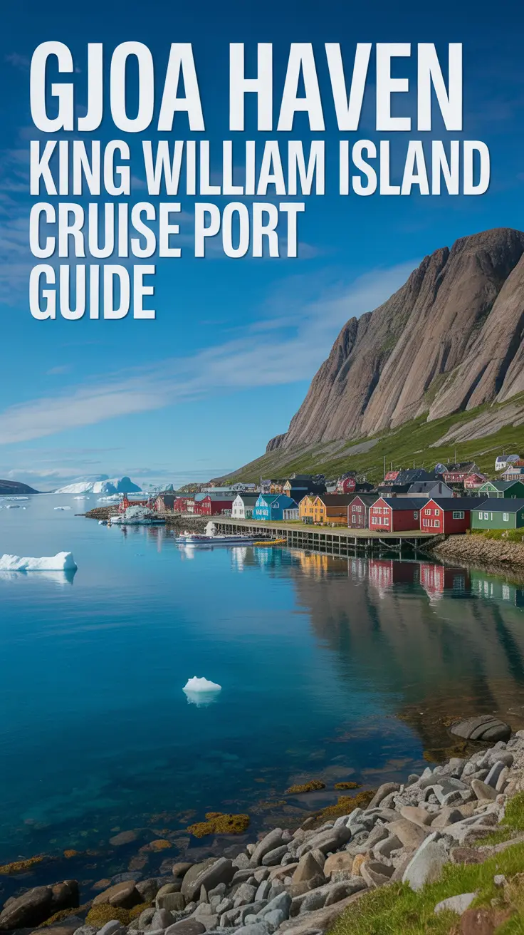 A stunning photograph showcasing the picturesque Gjoa Haven cruise port on King William Island, Canada, with colorful shoreline buildings, a clear turquoise bay reflecting a bright sky, distant icebergs, and a sunny Arctic landscape.