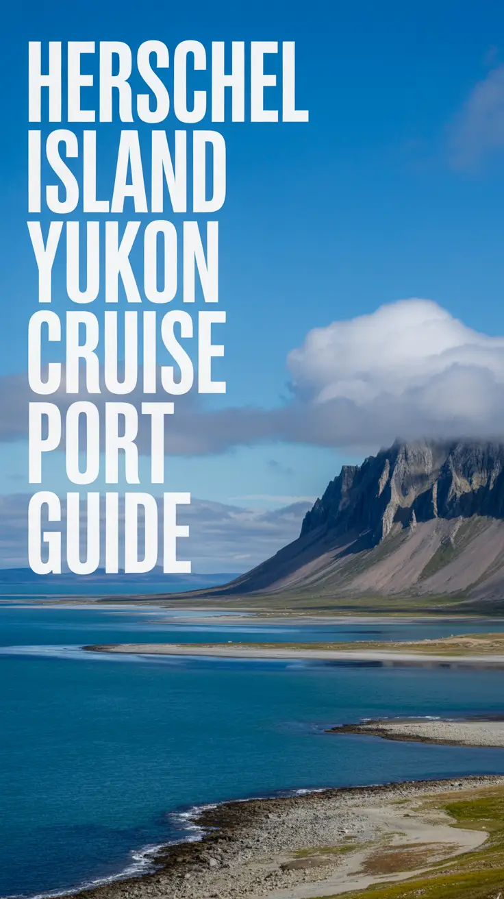 A stunning, wide-angle photograph showcasing Herschel Island, Yukon, bathed in bright, natural sunlight. The image features a panoramic view of the rugged coastline, with rocky shores and turquoise water gently lapping against the land, highlighting the remote beauty of the Yukon. Towering cliffs rise dramatically from the shoreline, partially obscured by a light haze, and a vast expanse of clear blue sky stretches overhead, dotted with a few fluffy white clouds. Large, left-aligned text overlay reads “Herschel Island Yukon Cruise Port Guide” across the upper portion of the image, seamlessly integrated with the natural landscape.