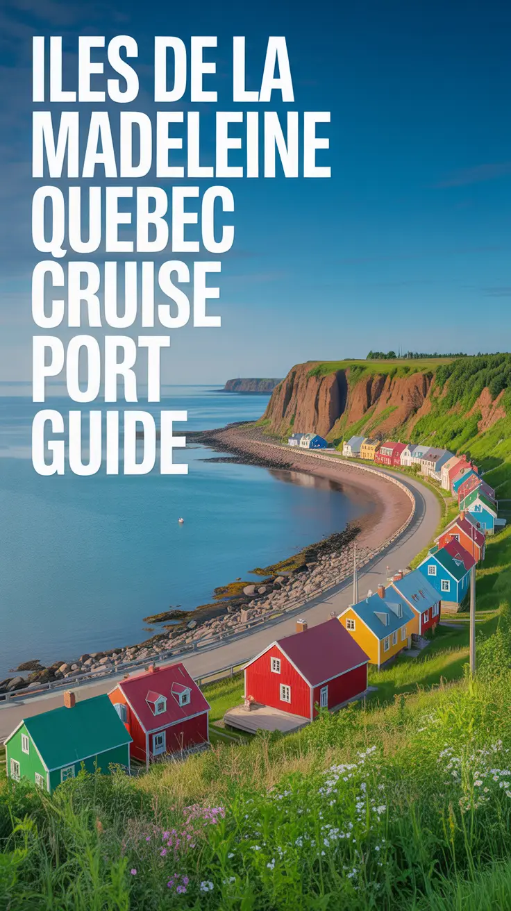 A stunning, wide-angle photograph of the picturesque Iles de la Madeleine, Quebec, showcasing the vibrant, colorful houses along the coastline. The sky is clear and blue, reflecting brightly on the calm turquoise water, highlighting the rugged cliffs and sandy beaches of the islands. Lush green foliage and wildflowers dot the landscape, bathed in the warm, natural light of a sunny day. Text reads: "Iles de la Madeleine Quebec Cruise Port Guide" in large, left-aligned letters.