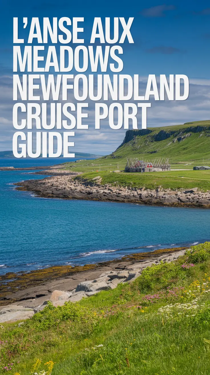 A stunning photograph depicting the picturesque coastal landscape of L'Anse aux Meadows, Newfoundland, showcasing its rugged beauty as a cruise port destination—featuring turquoise waters meeting a rocky shoreline, vibrant green meadows with wildflowers, a bright sunny sky, and a historic Viking settlement replica nestled in the hills.