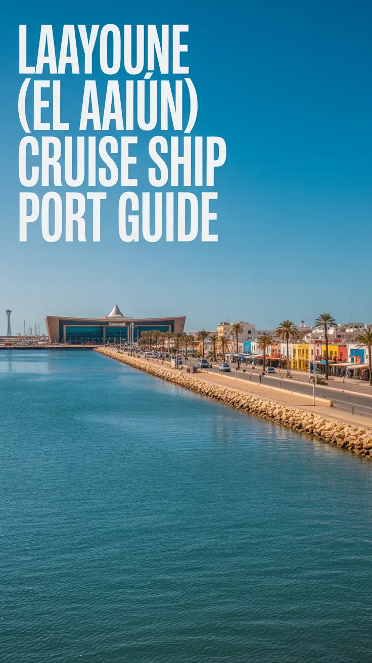 A stunning, wide-angle photograph capturing the bustling harbor of Laayoune (El Aaiún) Cruise Ship Port Guide. The image prominently features a modern port terminal building with distinctive architectural details, showcasing a vast expanse of clear blue water meeting a sandy coastline. Palm trees and colorful buildings line the waterfront, bathed in the bright, warm light of a sunny day, with a clear, cloudless sky above, emphasizing a vibrant, welcoming atmosphere.