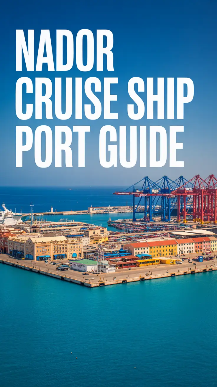 A stunning, wide-angle photograph capturing the vibrant Nador Cruise Ship Port on a bright, sunny day, showcasing colorful buildings, piers, cargo cranes, and a clear turquoise sea under warm sunlight.