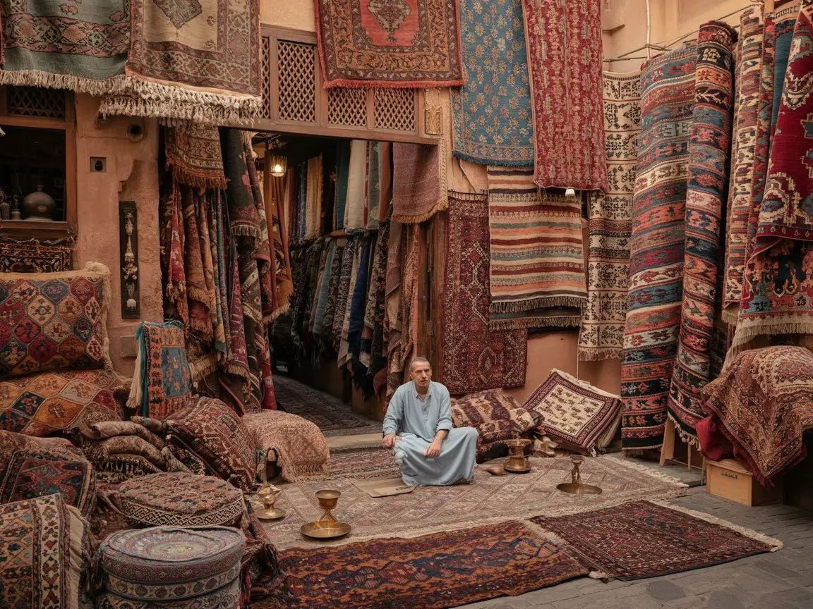 Rug shop in Morocco with merchant offering tea