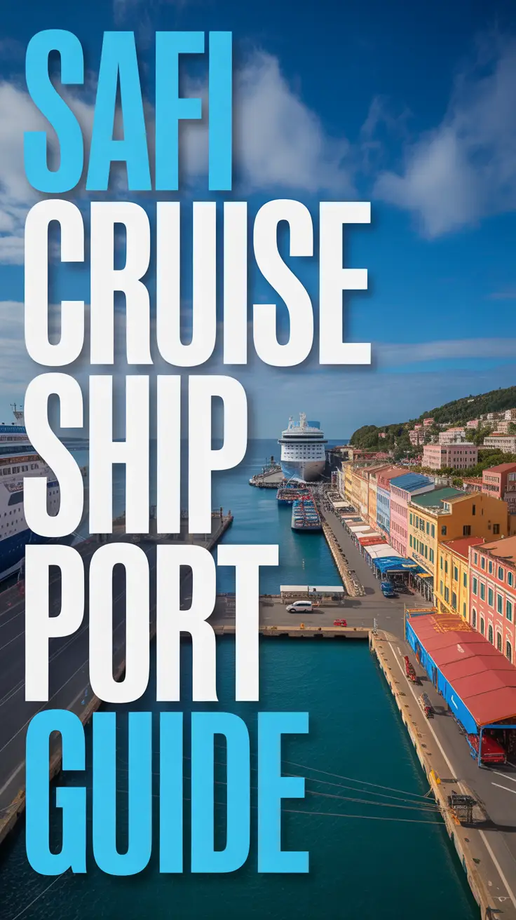 A stunning photograph showcasing a vibrant, bustling cruise ship port. The scene features a panoramic view of the port with colorful buildings and a clear blue sky. Dominating the left side is the large, left-aligned text overlay: "Safi Cruise Ship Port Guide", displayed in a bold, modern font. Bright sunlight illuminates the port, reflecting off the water and creating a lively atmosphere, without the presence of any cruise ships visible.