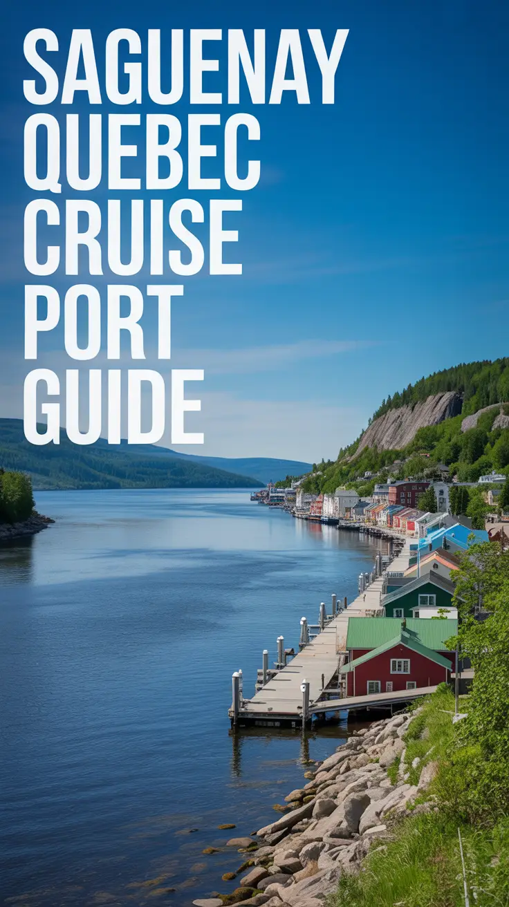A stunning, wide-angle photograph of the Saguenay River fjord in Quebec, Canada, bathed in bright sunlight, showcasing colorful houses and docks along the riverbanks as a scenic cruise port destination, with a clear blue sky and calm water creating a serene natural atmosphere.