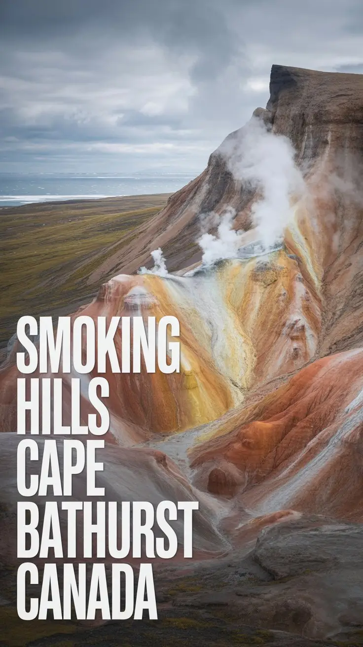 A dramatic landscape photograph of the rugged Smoking Hills at Cape Bathurst in Canada's Arctic region. The scene captures the otherworldly terrain of sulfur-stained cliffs and steaming vents rising from the tundra, with layers of orange, yellow, and rust-colored mineral deposits creating vivid streaks across the barren landscape. The stark beauty is enhanced by moody overcast skies and the distant Arctic Ocean visible on the horizon. Bold white text reading "Smoking Hills Cape Bathurst Canada" is prominently displayed in the left portion of the image in a clean, modern sans-serif font.