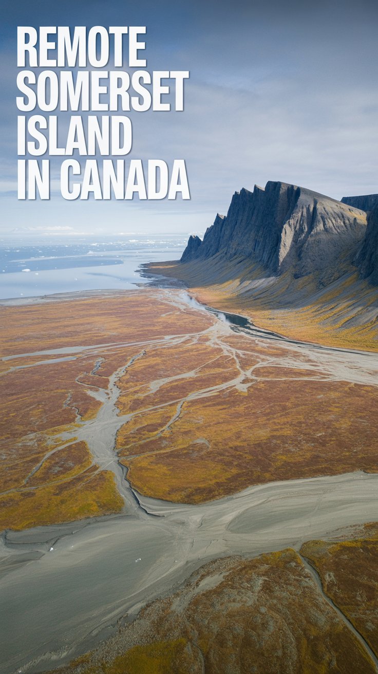 A breathtaking aerial photograph of Remote Somerset Island's stark Arctic landscape in the Canadian territories. The image captures vast expanses of barren tundra stretching to the horizon, with patches of permafrost creating intricate geometric patterns across the rust-colored and sage green terrain. Jagged limestone cliffs rise dramatically from the shoreline, where ice-blue Arctic waters meet the rocky coast under an expansive pale sky. Bold white text reading "Remote Somerset Island in Canada" is positioned prominently in the upper left corner of the frame, contrasting sharply against the muted natural tones of this pristine wilderness.