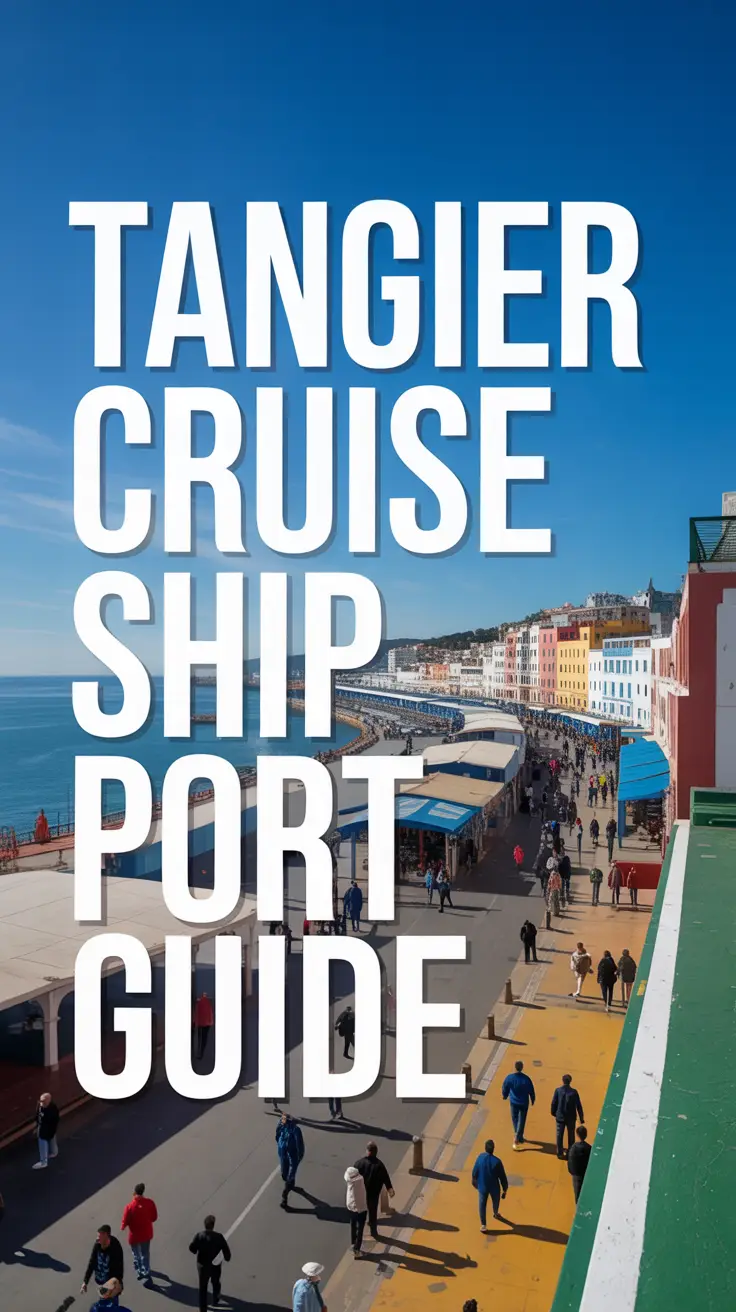 A stunning photograph capturing the bustling scene of Tangier's cruise ship port on a bright, sunny day. The image focuses on a wide view of the port, showcasing colorful buildings and a vibrant atmosphere with many people walking around. A large, left-aligned text overlay reads "Tangier Cruise Ship Port Guide", positioned prominently against the scene. The backdrop features a clear blue sky and glimpses of the Mediterranean Sea, creating a sense of warmth and energy within the port.