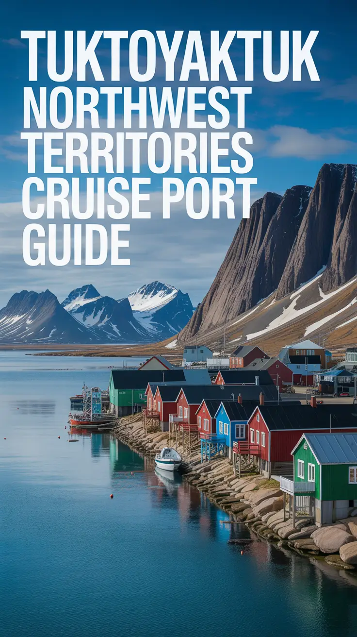 A stunning, sun-drenched photograph showcasing the quaint harbor of Tuktoyaktuk, Northwest Territories, Canada. The foreground features colorful, traditional Arctic buildings clustered along the waterfront, with a calm, turquoise sea gently lapping at the shore. In the distance, snow-capped mountains rise dramatically under a clear blue sky. Overlayed in large, left-aligned text, the words read: "Tuktoyaktuk Northwest Territories Cruise Port Guide".